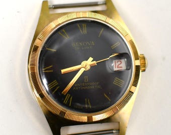 Vintage Genova De Luxe Watch, Black Dial, Gold Tone (For Parts/Repair)