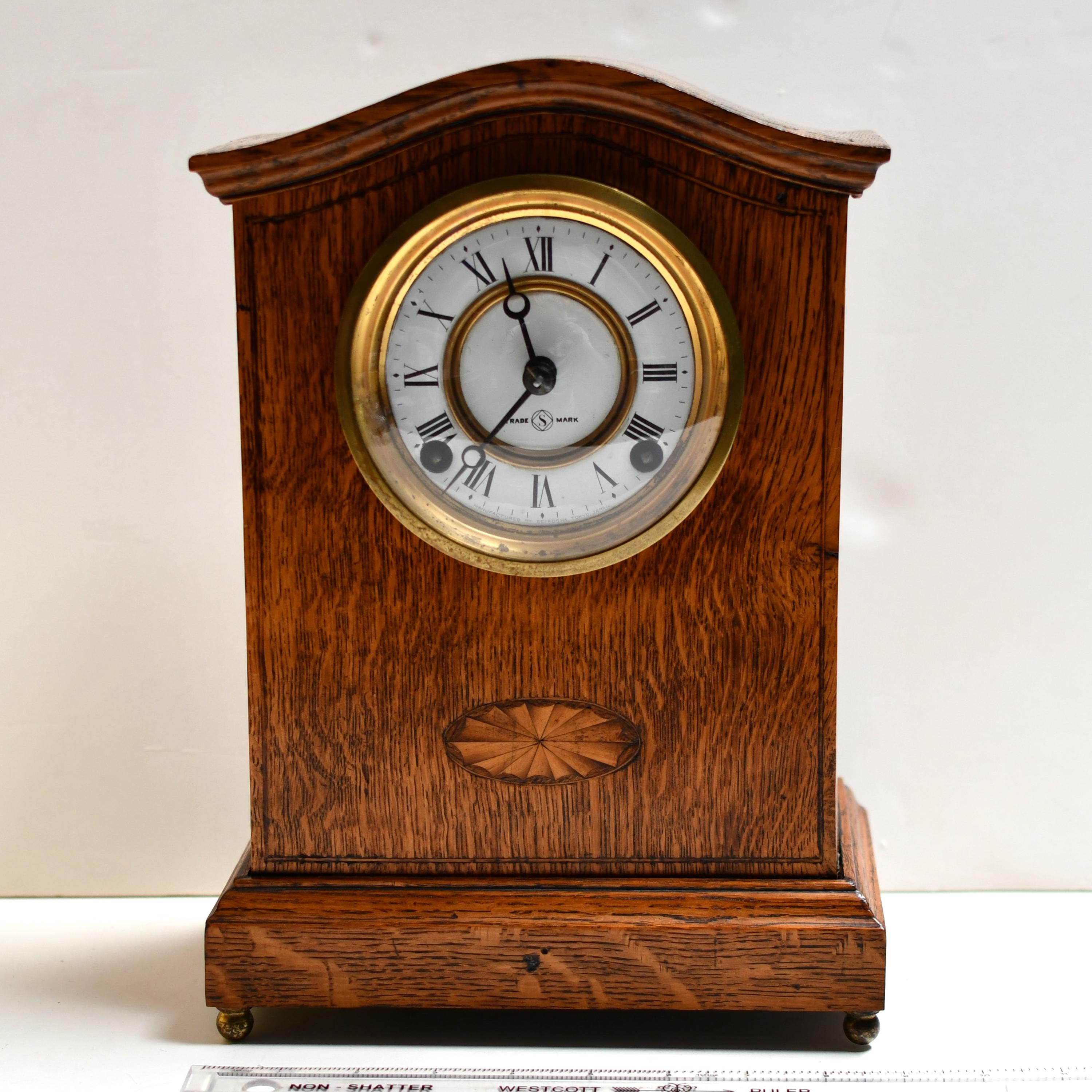 Antique Seikosha Mantel Clock: Japanese Inlaid Wood Pendulum Clock