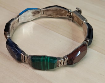 Vintage mexikanische MR-150 950 Silber Multi-Stein-Armband Malachit-Türkis-Tigerauge Onyx Sodalith Taxco Style Link-Armband 7,75 "