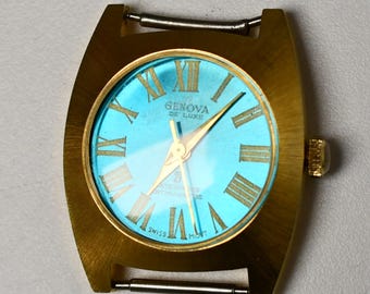 Vintage Genova De Luxe Watch – Turquoise Dial, Gold Tone (For Parts/Repair)