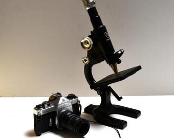 Vintage Spencer Microscope with Asahi Pentax Spotmatic Camera & Fujica Microscope Adapter – Scientific Photography Set