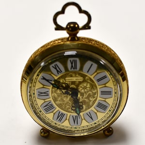 Vintage Phinney-Walker Miniature Brass Alarm Clock – 3&quot; Ornate Design – Made in West Germany – Mid-Century Collectible