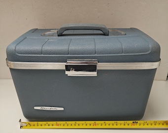 Valigetta porta cosmetici da viaggio vintage Starflite Train blu, anni '60, scatola portaoggetti