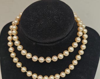 Vintage Pearl Necklace 14K Gold Clasp Cream Akoya Style 7.25mm 24" Strand Classic Elegant