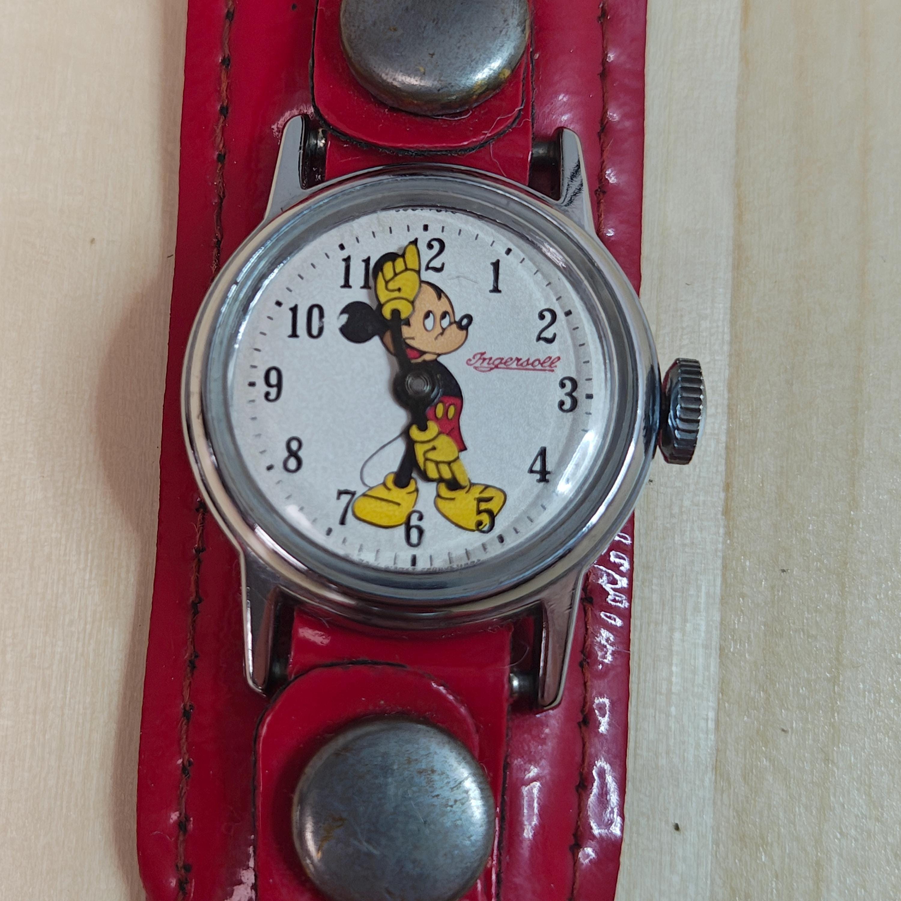 Vintage Mickey Mouse‎ Ingersoll US Time Watch Red Leather Strap Disney WORKS This day in history, March 27, 1957. 25 millionth Mickey  main image 4