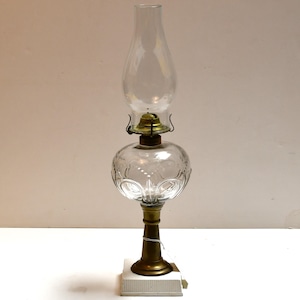 Antique Glass Oil Lamp with Brass & Cast Iron Base – Embossed Kerosene Lamp – Vintage Victorian Lighting