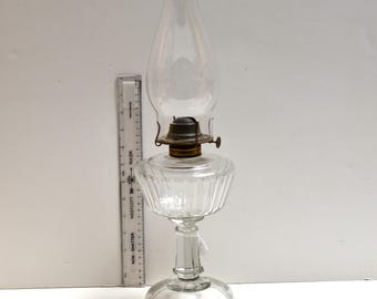 Antique Clear Glass Oil Lamp: 1880s Eagle Burner, Ribbed Font