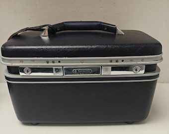 Vintage Samsonite Silhouette Train Case Navy Blue Makeup Cosmetic Travel