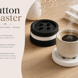 May include: A set of round button-shaped coasters in black and white, featuring four holes in the center. One white coaster supports a speckled ceramic mug filled with steaming coffee, while a stack of three coasters sits nearby.
