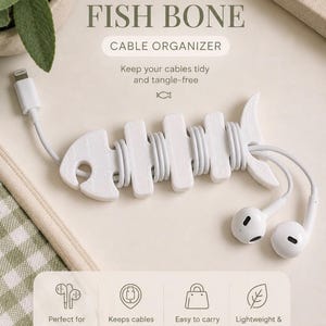 May include: A white fish bone shaped cable organizer with a textured surface. The organizer is wrapped with a white charging cable and white earbuds. The text FISH BONE CABLE ORGANIZER is printed above, with additional text below the organizer.