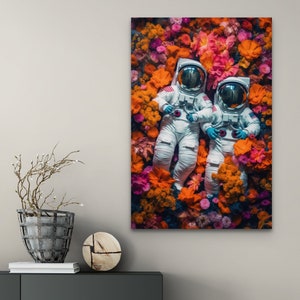 Astronauts Laying in a Bed of Flowers, Titled &quot;Astronaut Love&quot; · Downloadable Art · Modern Art · Minimalist Art · Nature Art · Wall Decor
