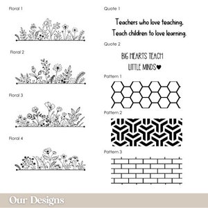 May include: Black and white illustrations of floral designs, geometric patterns, and inspirational quotes for teachers. The quotes are "Teachers who love teaching, Teach children to love learning." and "BIG HEARTS TEACH LITTLE MINDS".