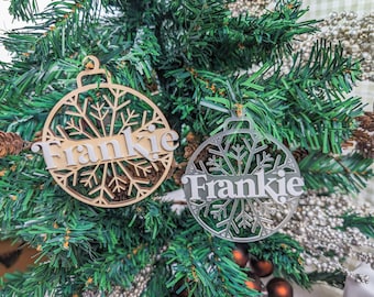 Personalised Snowflake Ornament with Acrylic Name | Wood and Acrylic Christmas Ornament | Neutral Christmas Ornaments | Frosted Acrylic