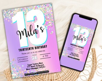 Editable 13th Birthday Invitation, B-Day Party Invite (Digital Download)