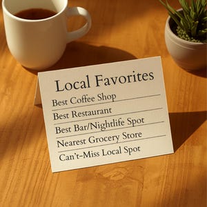 May include: A white folded card with black text reading Local Favorites, Best Coffee Shop, Best Restaurant, Best Bar/Nightlife Spot, Nearest Grocery Store, and Can't-Miss Local Spot. The card is positioned on a wooden surface near a white mug.