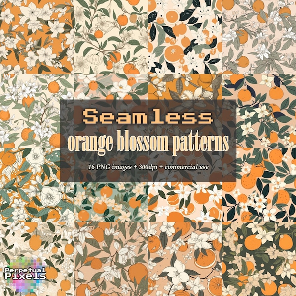 Seamless Orange Blossom Patterns, Digital Illustration, 16 PNG Images, Commercial Use