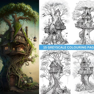adult greyscale coloring book. 15 greyscale fantasy coloring pages. greyscale coloring pages, adult coloring book. fairy treehouse coloring
