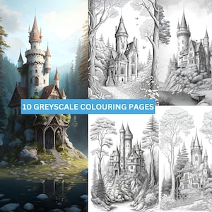 adult greyscale coloring book. 10 fantasy castle greyscale coloring pages, greyscale coloring, adult coloring, coloring book