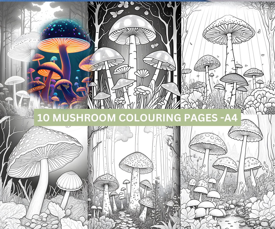 10 Mushroom Forest Greyscale Coloring Pages Enchanted - Etsy