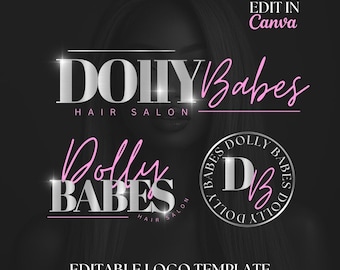 Puede incluir: Plantilla de logotipo editable para una peluquería llamada "Dolly Babes". El logotipo presenta un esquema de color plateado y rosa con el texto "Dolly Babes Hair Salon" y un monograma "DB" estilizado.