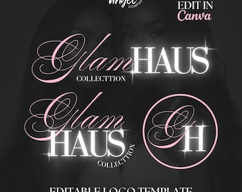 May include: Editable logo template for a business called "Glam Haus Collection". The logo features a stylized cursive script font with a pink and white color scheme. The logo is set against a black background.