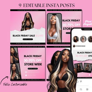 May include: Nine editable Instagram post templates with a pink background. The templates feature a Black Friday sale with a 30-70% discount store-wide. The templates feature a model with long black and blonde hair wearing a black bra and a pink background.