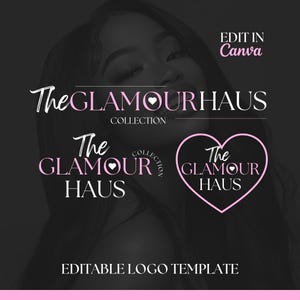 Peut inclure: Modèle de logo éditable pour une entreprise appelée "The Glamour Haus Collection". Le logo présente un cœur rose avec le texte "The Glamour Haus" en blanc. Le logo est affiché sur un fond noir.