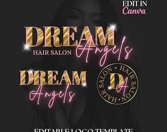 May include: Editable logo template for a hair salon called "Dream Angels". The logo features a gold and pink color scheme with a stylized font. The text "Dream Angels" is displayed twice, once with a gold background and once with a pink background. The logo also includes a circle with the text "Hair Salon" in gold.