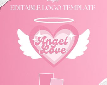 May include: Editable logo template featuring a pink heart with wings and a halo, with the text "Angel Love" in a retro font. The background is pink with a torn paper edge.