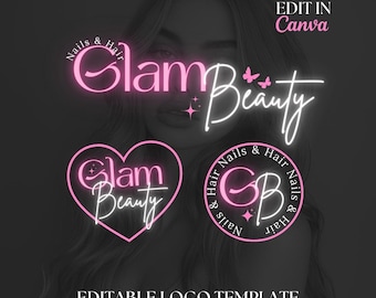 Logo bricolage modifiable Pink Beauty, image de marque pour les cheveux, marque d'ongles, esthétique de l'an 2000, image de marque de boutique, manucure, salon de coiffure, téléchargement immédiat