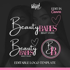 May include: Editable logo template for a beauty studio called "Beauty Babes" with a pink heart and a stylized "B" in a circle. The text "Edit in Canva" is also included.
