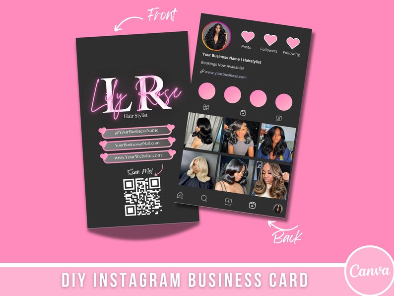 K&ouml;nnte beinhalten: Eine schwarze und rosafarbene Instagram-Visitenkarte f&uuml;r eine Friseurin namens Lily Rose. Die Vorderseite der Karte zeigt den Namen der Friseurin in pinkfarbenem Neon-Schriftzug und einen QR-Code. Die R&uuml;ckseite der Karte zeigt ein Mockup des Instagram-Profils der Friseurin, mit einem Profilbild, einer Anzahl an Beitr&auml;gen, einer Anzahl an Followern und einer Anzahl an Followings.
