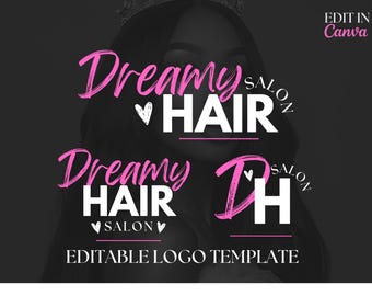 Puede incluir: Plantilla de logotipo editable para una peluquería llamada "Dreamy Hair Salon". El logotipo presenta una fuente de letra cursiva rosa y blanca con un símbolo de corazón y el texto "Dreamy Hair Salon".