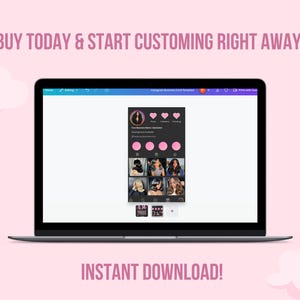 K&ouml;nnte beinhalten: Ein Laptop-Bildschirm zeigt eine Website mit einer anpassbaren Instagram-Visitenkartenvorlage. Die Vorlage hat einen schwarzen Hintergrund mit rosa Akzenten und ein Profilbild einer Frau. Der Text "KAUFEN SIE HEUTE & STARTEN SIE SOFORT MIT DER ANPASSUNG!" wird oben auf dem Bildschirm angezeigt. Der Text "INSTANT DOWNLOAD!" wird unten auf dem Bildschirm angezeigt.