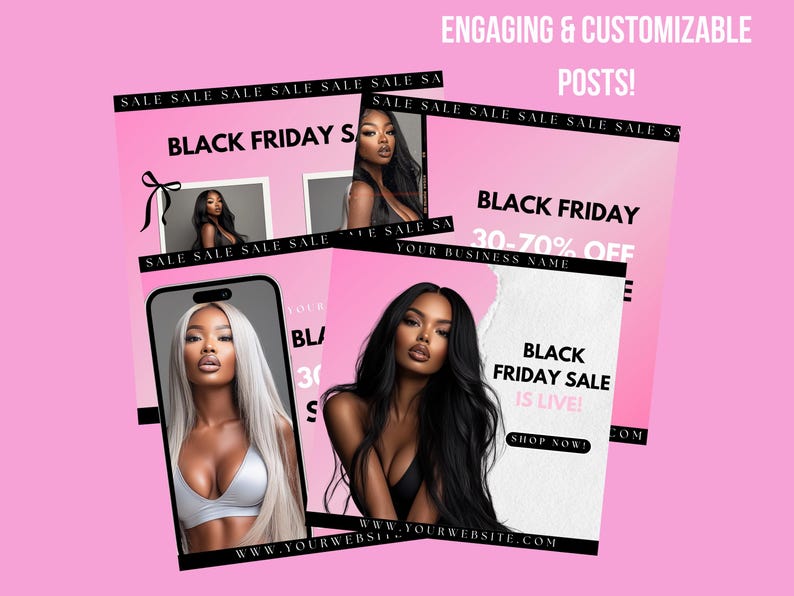 May include: Black Friday sale announcement with a pink background and a white text box. The text reads "Black Friday Sale is Live! Shop Now!" with a website address below. The image also includes a woman with long black hair.