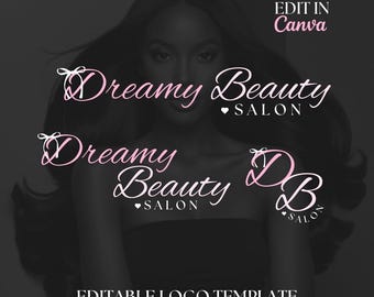 Puede incluir: Plantilla de logotipo editable para un salón de belleza llamado "Dreamy Beauty Salon". El logotipo presenta una "D" estilizada con un lazo y el texto "Dreamy Beauty Salon" en una fuente cursiva. El logotipo se encuentra sobre un fondo negro con el rostro de una mujer en el fondo.
