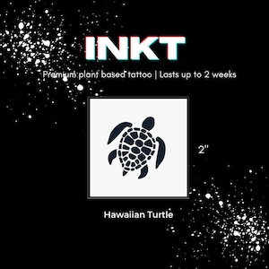 May include: Black and white silhouette of a Hawaiian turtle on a white background. The image is 2 inches in size. The text "Hawaiian Turtle" is below the image.