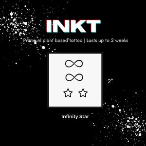 May include: A temporary tattoo design with two infinity symbols and two stars, labelled "Infinity Star." The design is on a white background, with the text "INKT" above and "Premium plant based tattoo | Lasts up to 2 weeks" below. The design is 5.08 cm in height.