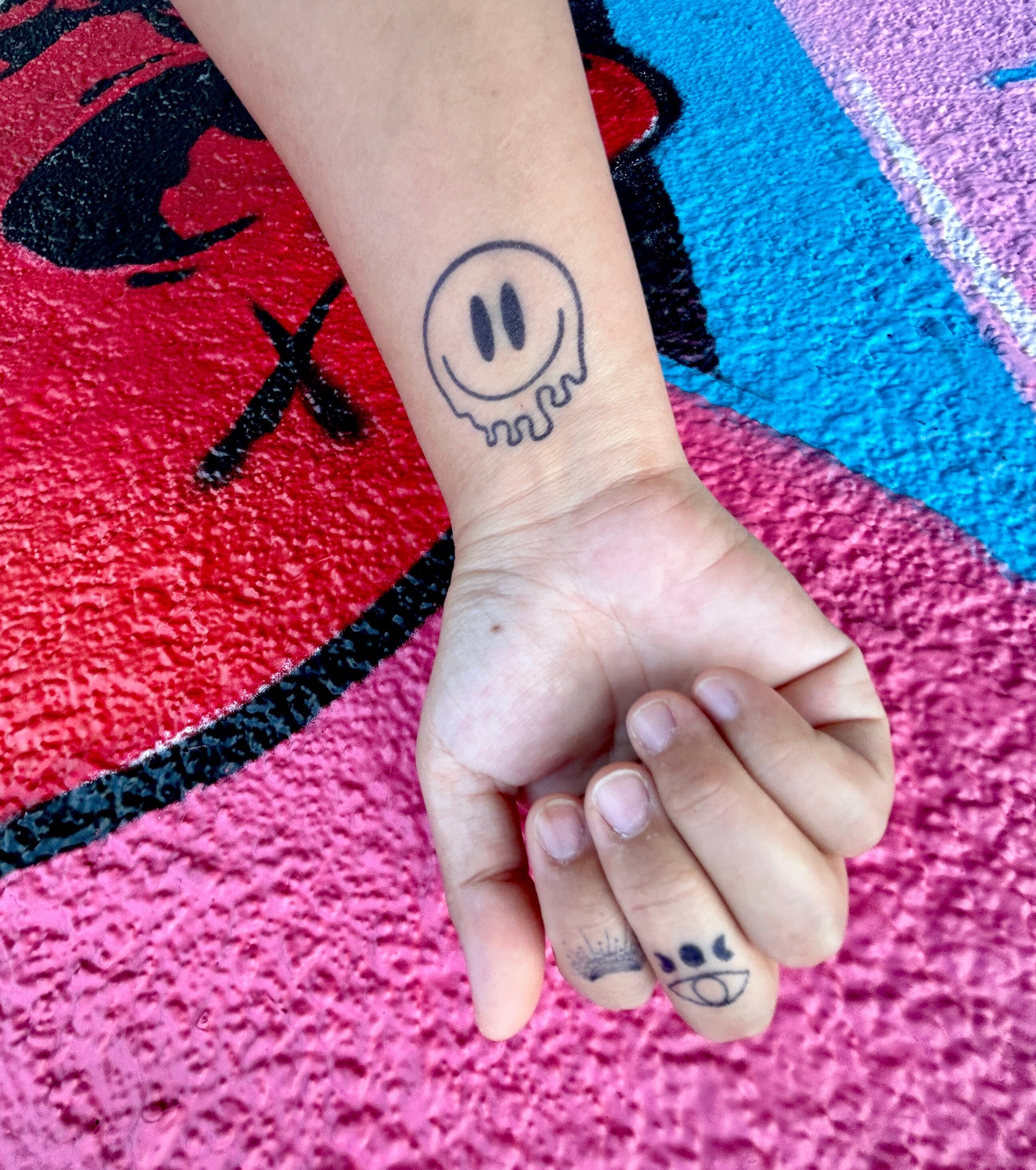 Melting Smily Face Tattoo | 2 Week Temporary Tattoo | Vegan Tattoo | Smiley FaceTattoo|  Happy Face Tattoo | Melting Face | Festival Tattoo