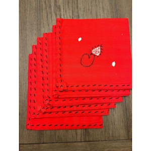 Set Of 6 Vintage Red Embroidered Cloth Napkins 15&quot;x15&quot; Cotton & Linen