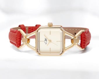 Square Women's Watch, Red Leather Strap, Gold Tone, Elegant Watch