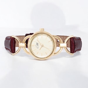 Women’s Gold Watch – 80s Retro Style, Small Face, Burgundy Strap, Vintage-Inspired Design BY M DEGREES