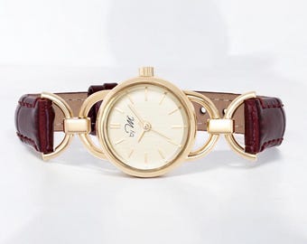 Round Women's Watch, Burgundy Leather Strap, Gold Tone, Dress Watch