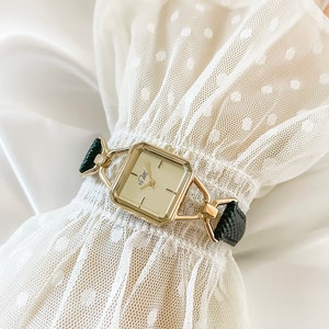 Vintage Style Square Women's Watch - Black Leather Strap, Gold Wristwatch for Ladies, BY M DEGREES