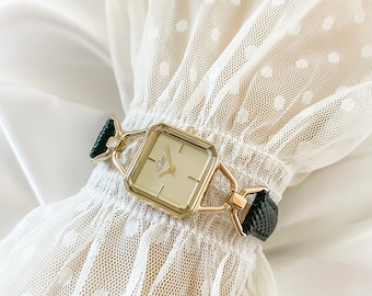 Square Women's Watch, Black Leather Strap, Gold Tone, Petite Dress Watch