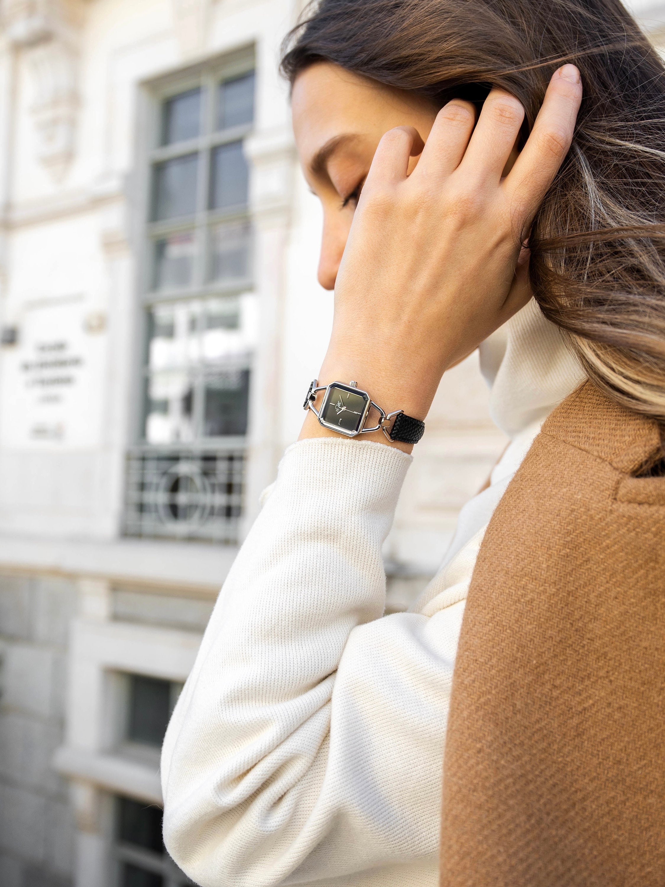 Square Black Leather Strap Watch, Silver Case, Minimalist 
