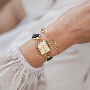 Vintage Style Women's Square Watch – Gold or Silver Face, Black Leather Strap, BY M DEGREES