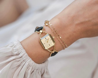 Vintage Style Women's Square Watch, Black Leather Strap, Gold or Silver Dial