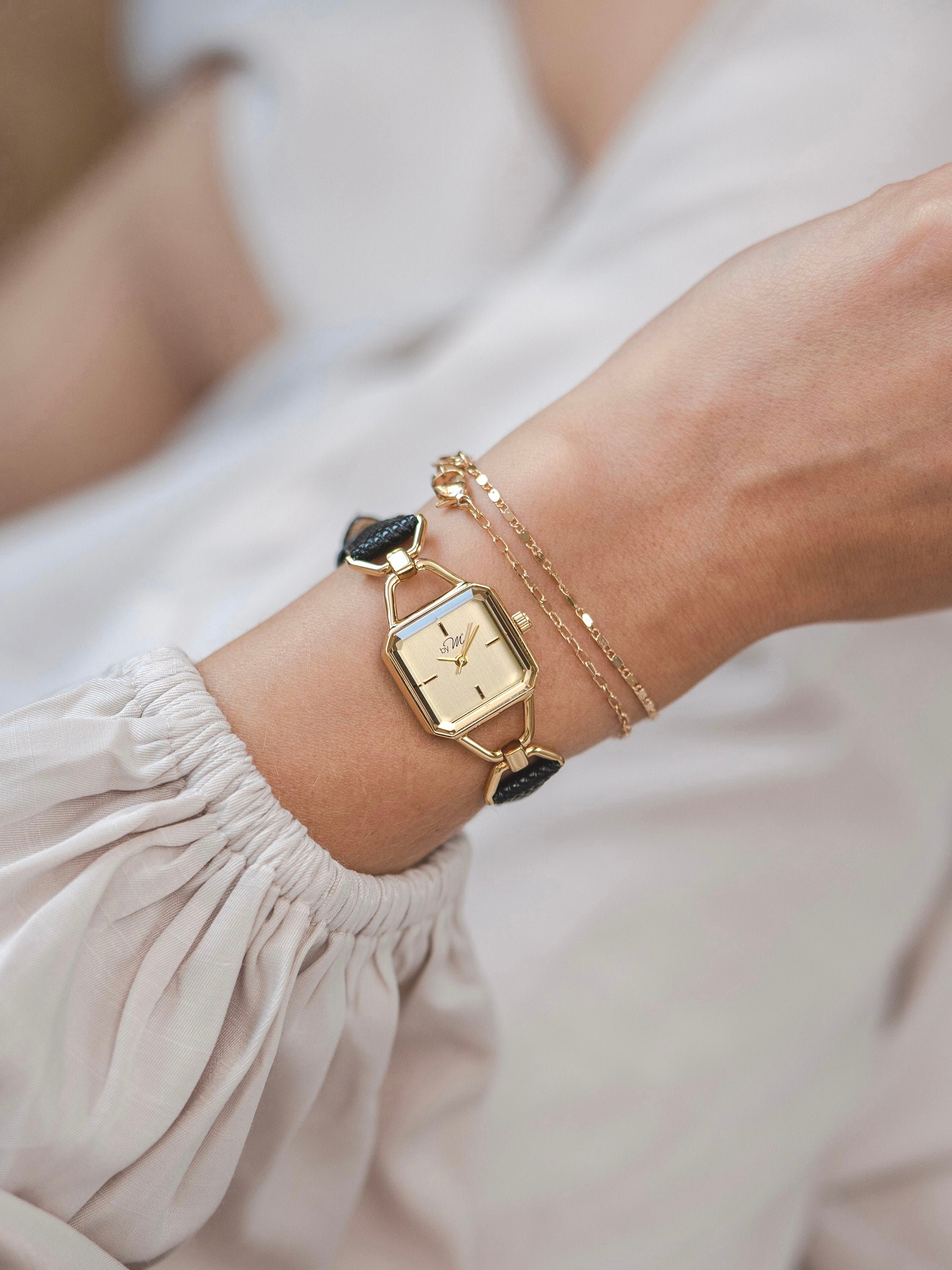 Women s Square Watches Black Leather Strap Gold or Silver Face Classic Style BY M DEGREES Etsy Canada