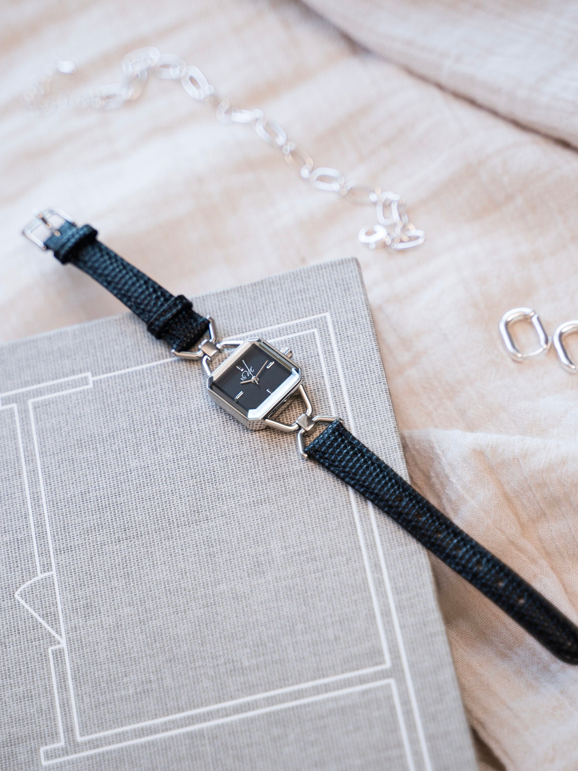 Square Black Leather Strap Watch, Silver Case, Minimalist 